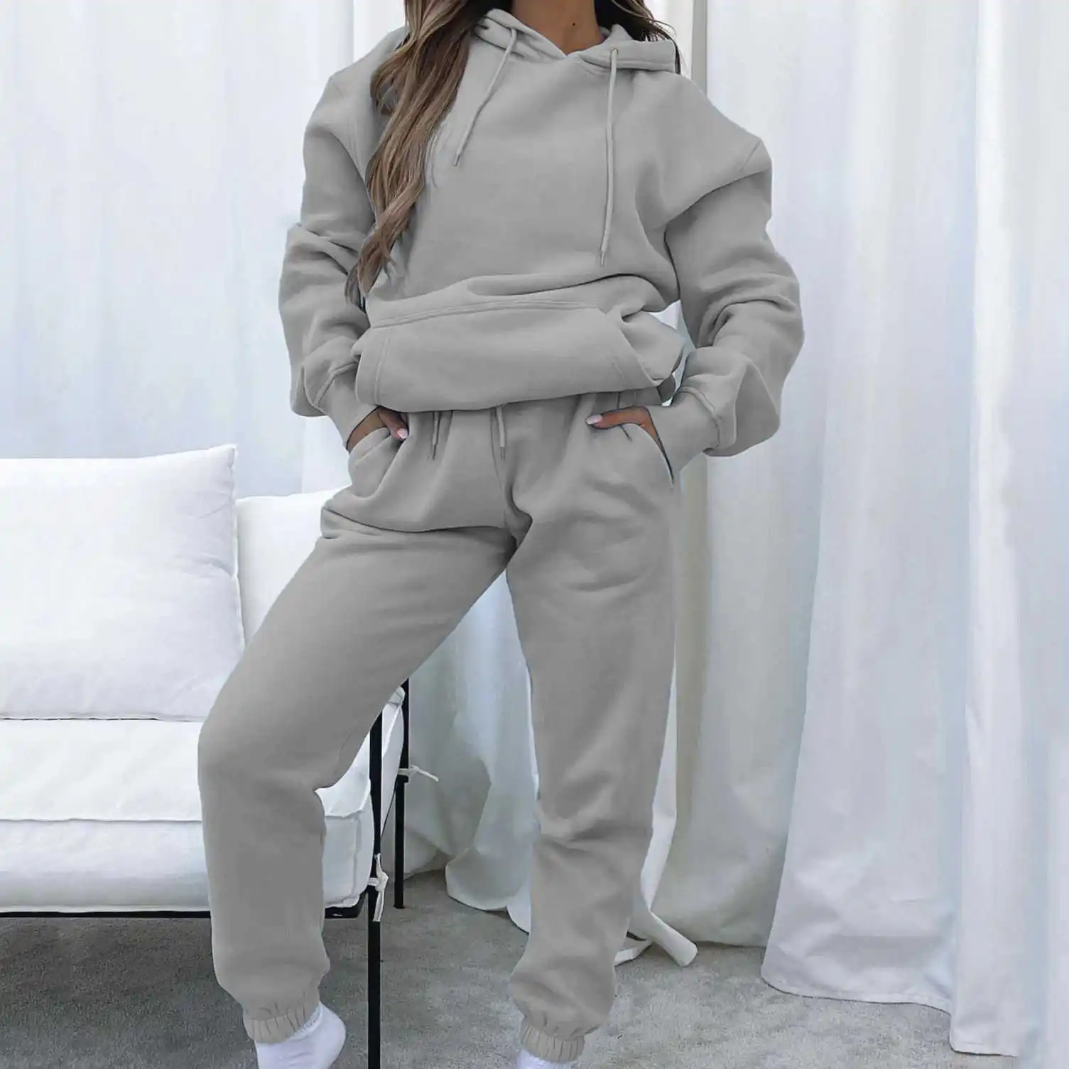 

Casual Long Sleeve Hoodie Set Women's Spring Autumn Color Hooded Pants Pocket Design Comfortable Breathable Cotton Blend