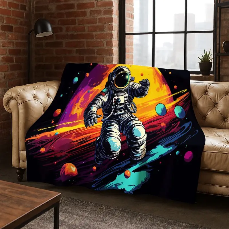 Cartoon Astronaut Universe Spaceman Outer Space Flannel Blanket Soft Warm Throw Blanket for Bedroom Living Room Bed Travel kids