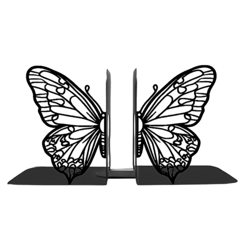Q6PA Butterfly Bookends for Shelves, Black Metal Openwork Supports Hold Books, Files and Magazines Upright on Desks or