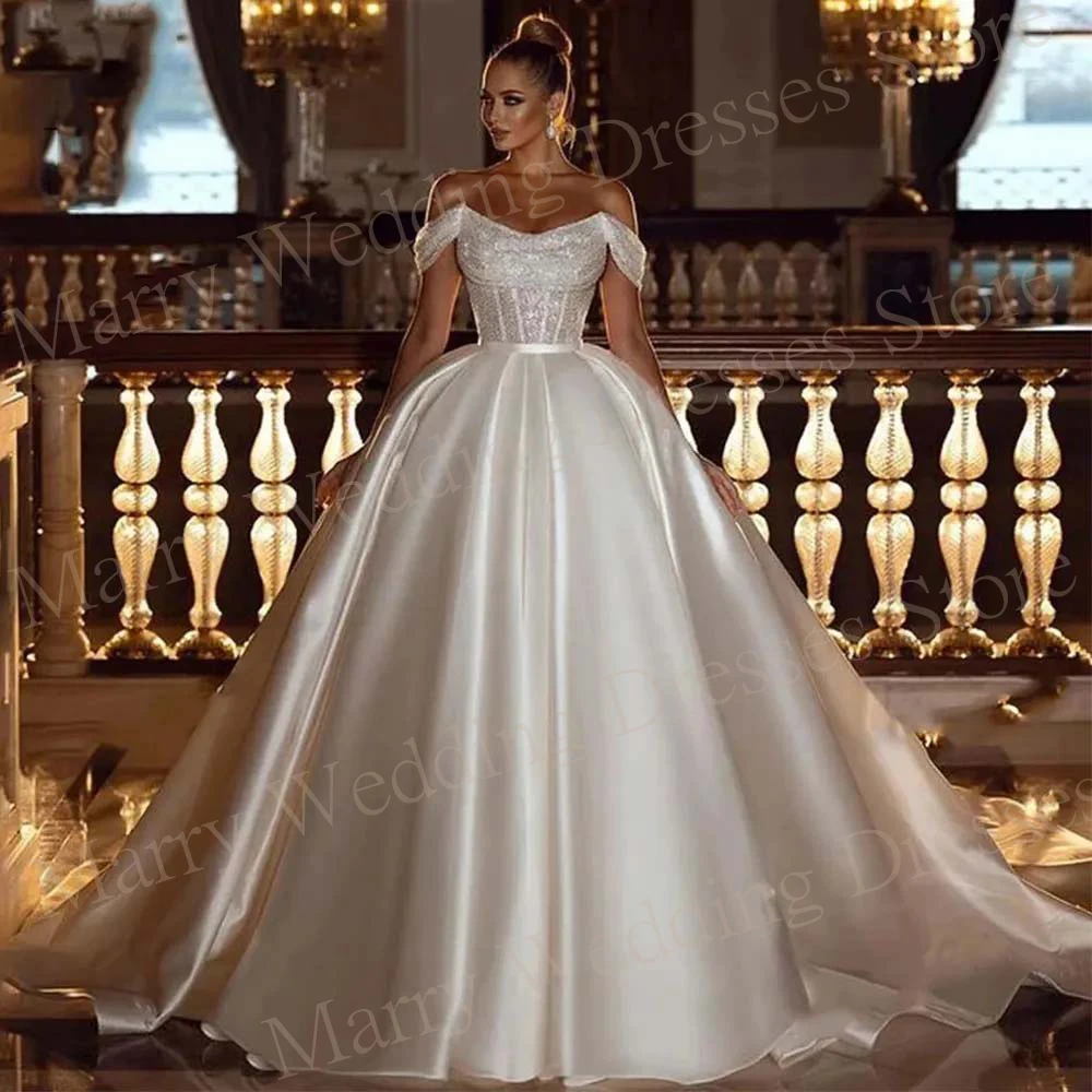 

Graceful Simple A Line Charming Wedding Dresses Princess Beading Satin Bride Gowns Off The Shoulder Sweetheart Illusion Lace Up