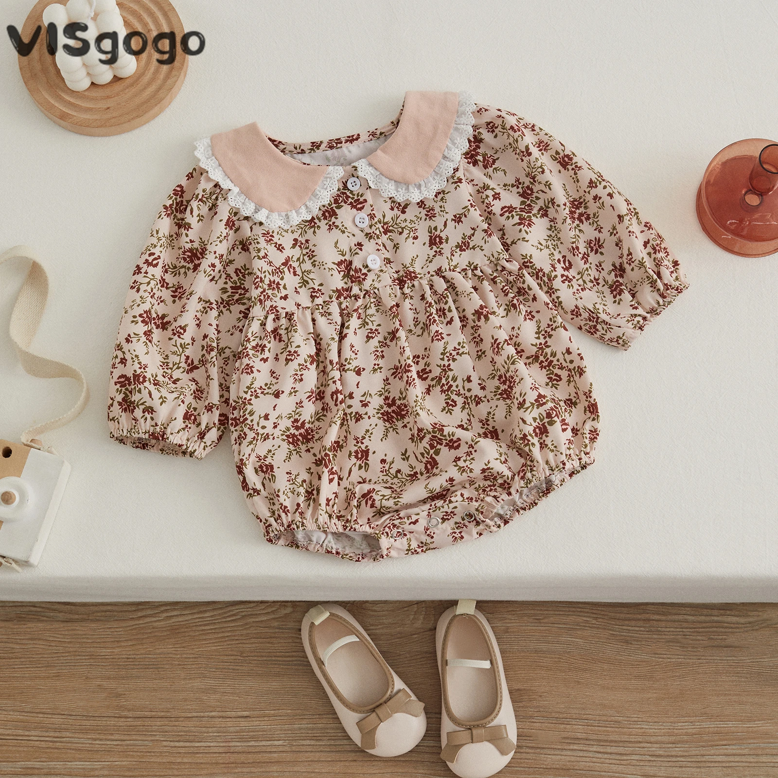 

VISgogo Baby Girl Cute Rompers Spring Fall Clothes Long Sleeve Lace Doll Collar Floral Print Bodysuit Newborn Clothes 0-24M