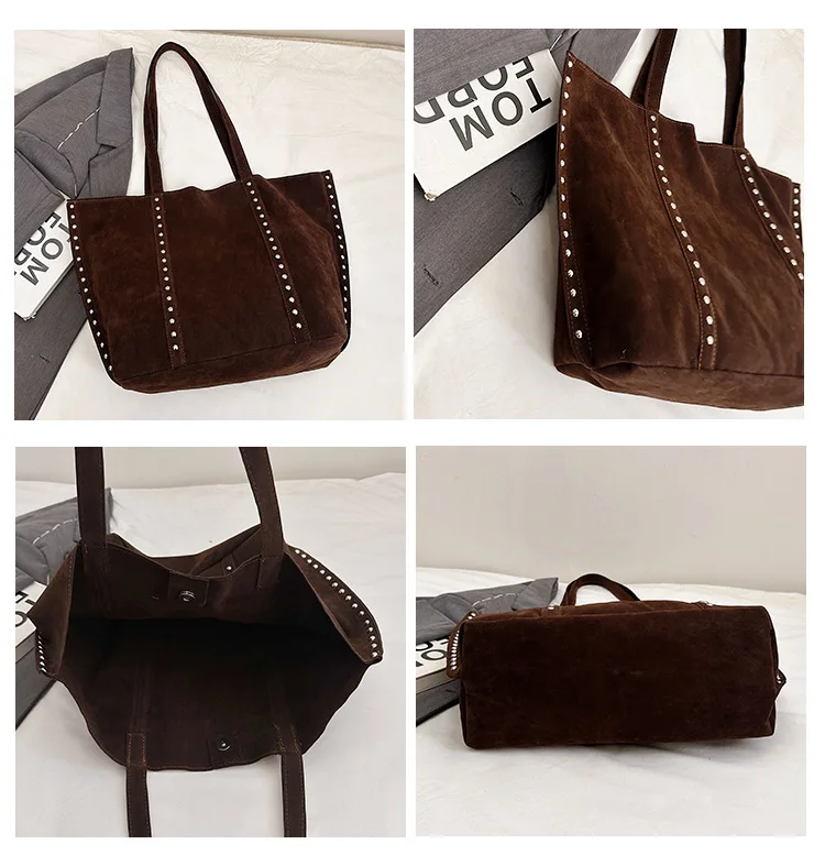 Trendy Large Capacity Suede ToteS BagS with Stud Accents Soft Texture Handbag for Everyday Commute Shoulder Purse Casual Carry