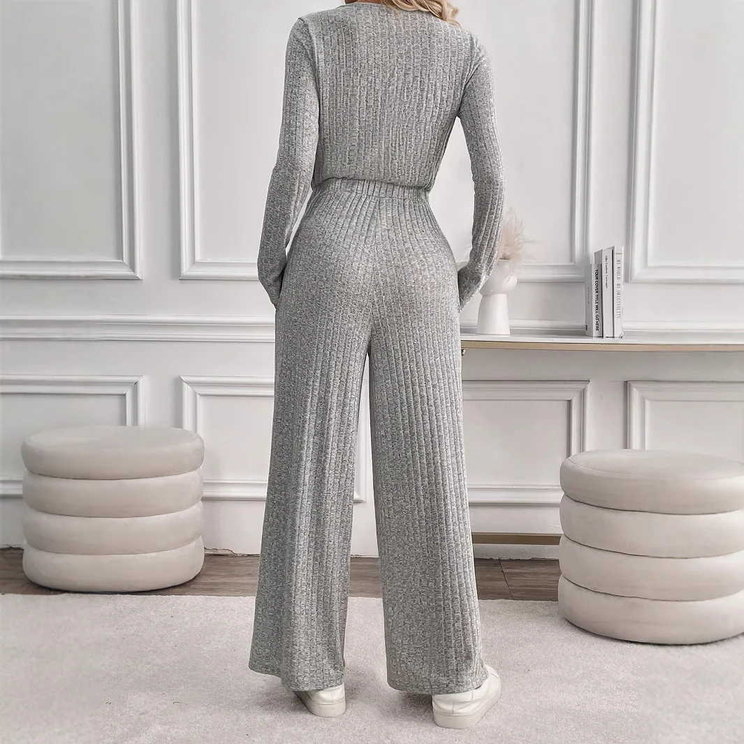 Autumn New Solid Color Elegant Cardigan Wide-leg Pants Jumpsuit Women DFY8708