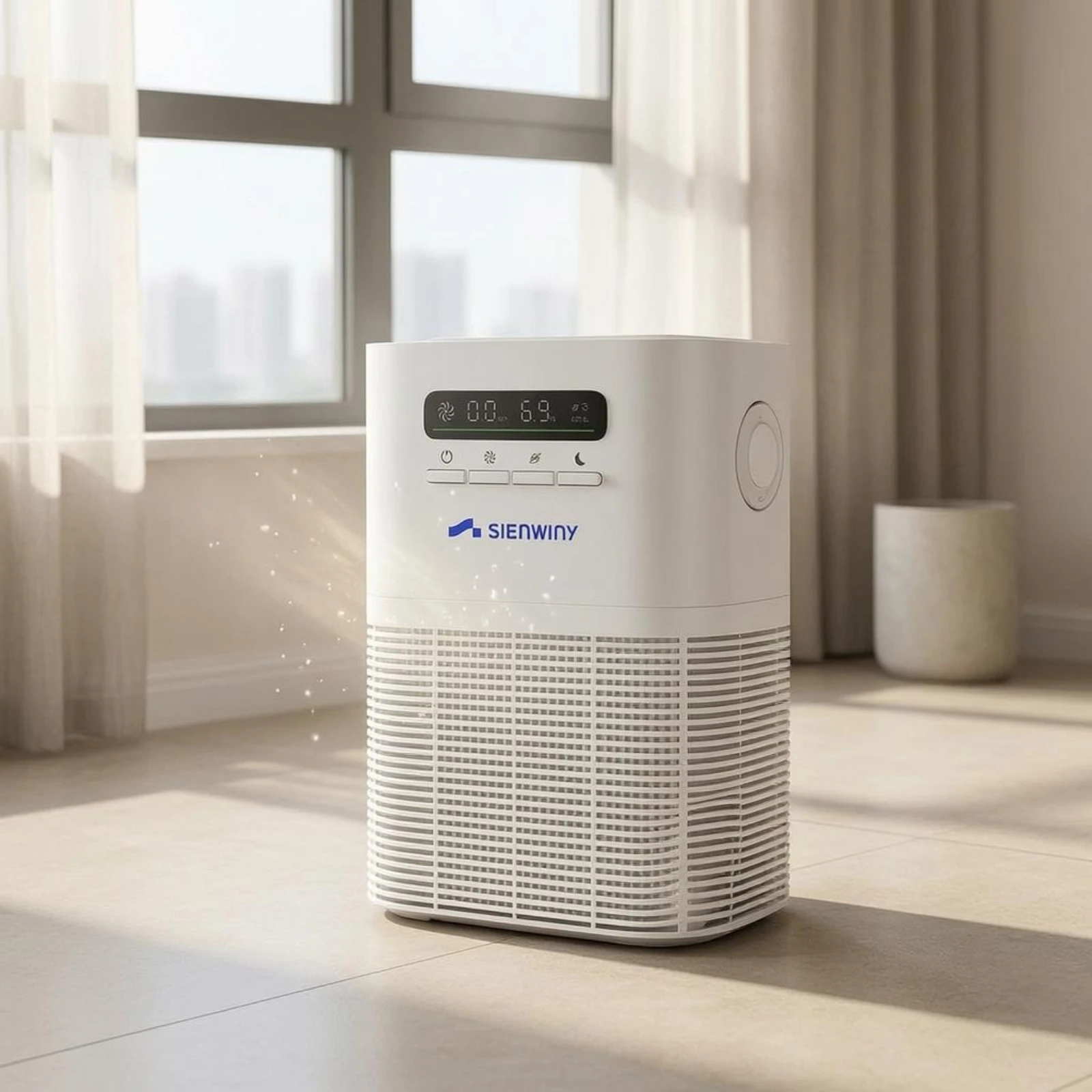 

Tabletop Air Purifier White Electronic Air Purifier Home Appliance Control Buttons Side Handles