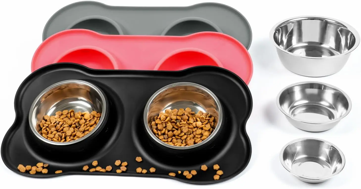 No Spill Dog Bowls with Silicone Mat, Dishwasher Safe Stainless Steel Set for Small Pets under 8lbs, Black
