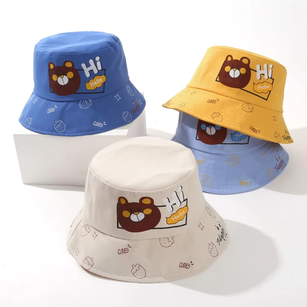

Fashion Bear Fisherman Cap Breathable Anti-UV Bucket Hat Solid Cotton Sunshade Pot Cap 1-6Year