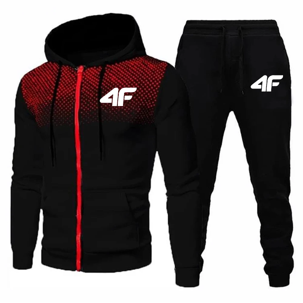 Autumn Winter Mens Tracksuit Jogging Sweatpants 2 Piece Set Sport Zipper Jacket+Running Trousers Suit Casual Printing Clothing