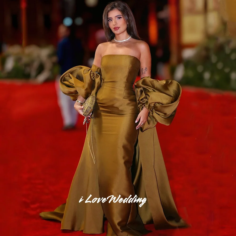 

Gold Strapless Evening Dresses 2025 Satin Puffy Sleeves Mermaid Floor-Length Sweep Train Pleated Wedding Party Dress Customized