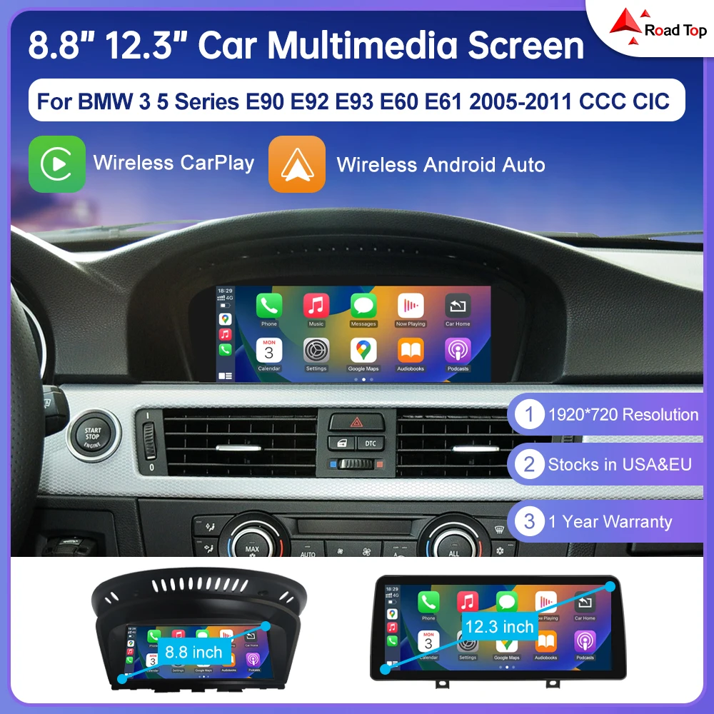 Schermo Touch Screen Wireless CarPlay Road Top per BMW Serie 3/5 E90/E91/E92/E93 E60 E61 E62 CCC/CIC, Autoradio Multimediale con Android Auto