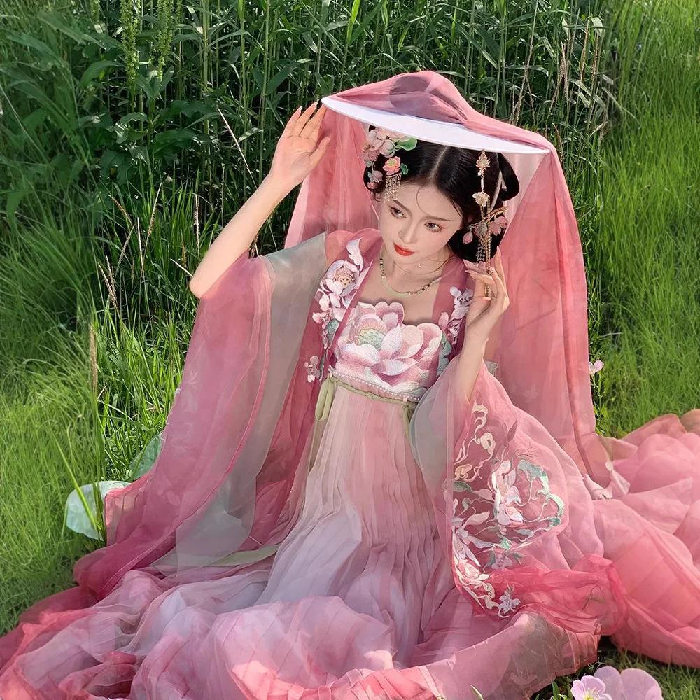 

New Embroidery Super Women's Han Chinese Clothing Gradient Big Sleeve Shirt Kozi Dress Daily Ancient Costume Style Lotus Hanfu