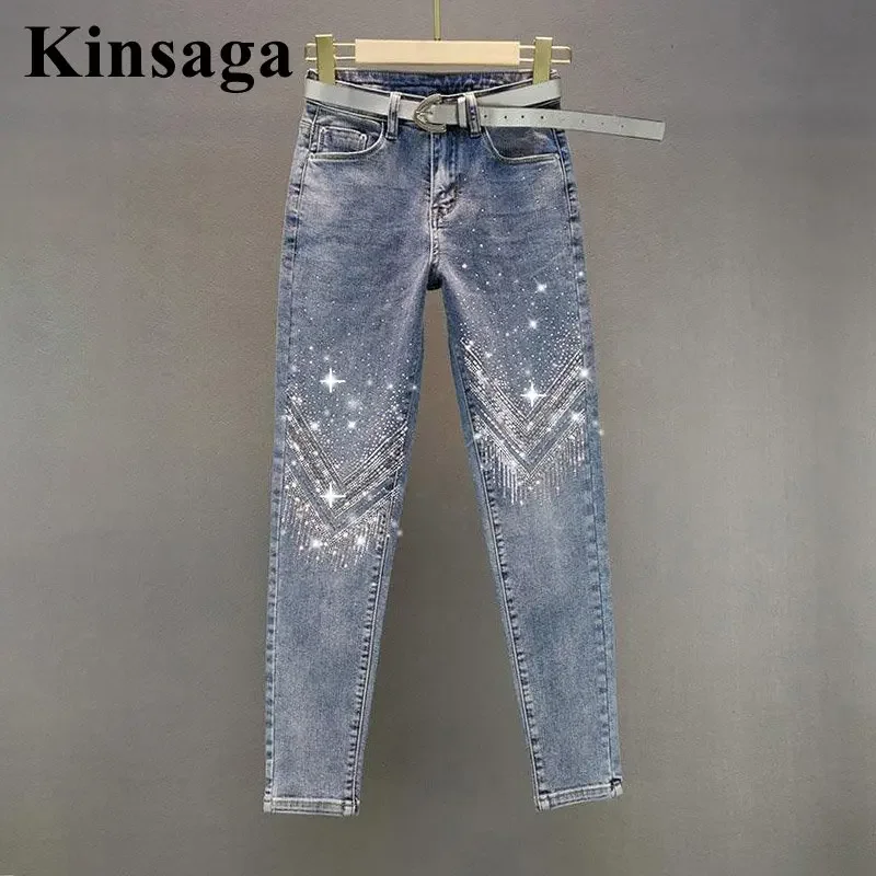 

Aesthetic Studded Rhinestone Pencil Jeans Curve Women Luxury High Waisted Boutique Diamond Ninth Feet Stretchy Demin Pants Girl