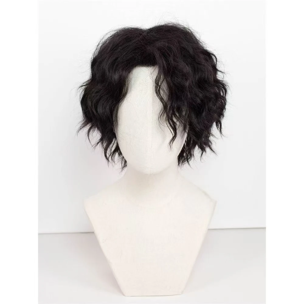 Sakusa Kiyoomi Cosplay Wig Black Short Curly Hair Heat Resistant Synthetic Fiber Wig with Rose Net Cap Halloween Anime Wig