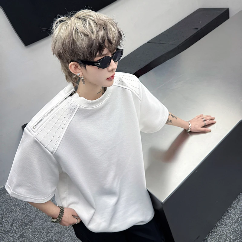 LUZHEN Pad 2026 Summer Niche Short Design Patchwork Shoulder Sleeve T-shirts Men Trendy Handsome Street Solid Color Tops JY8434