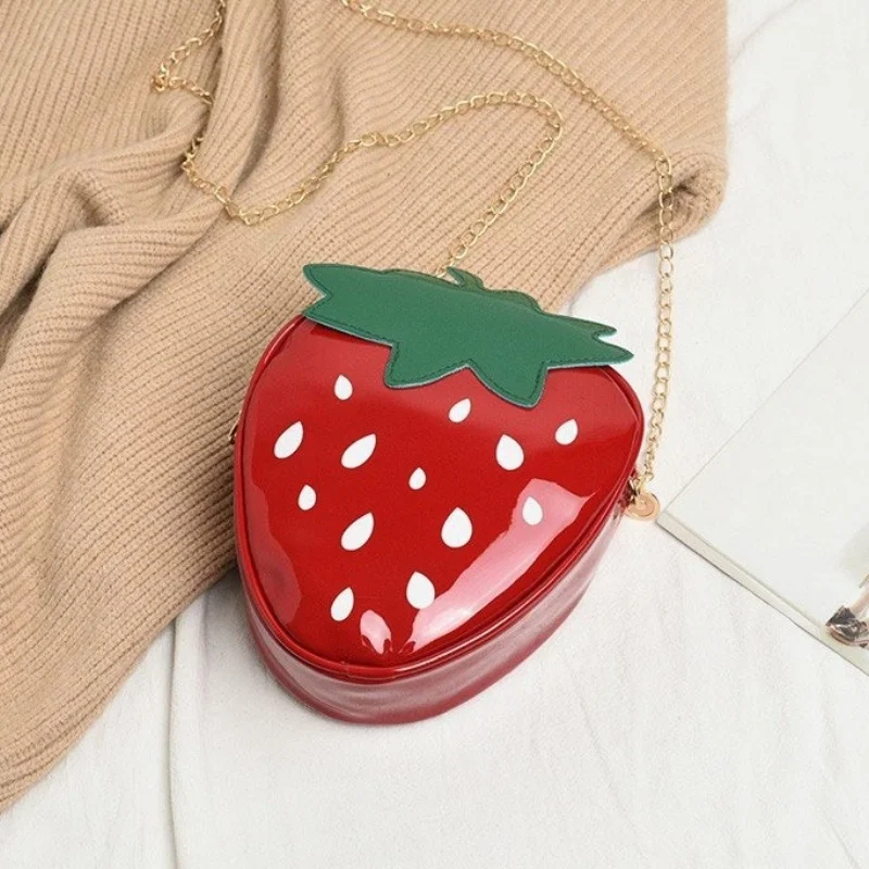 Women's Cute Patent Leather Summer Strawberry Shape Chain Bag Creative Fruit Girl Shoulder Crossbody Bag image 2