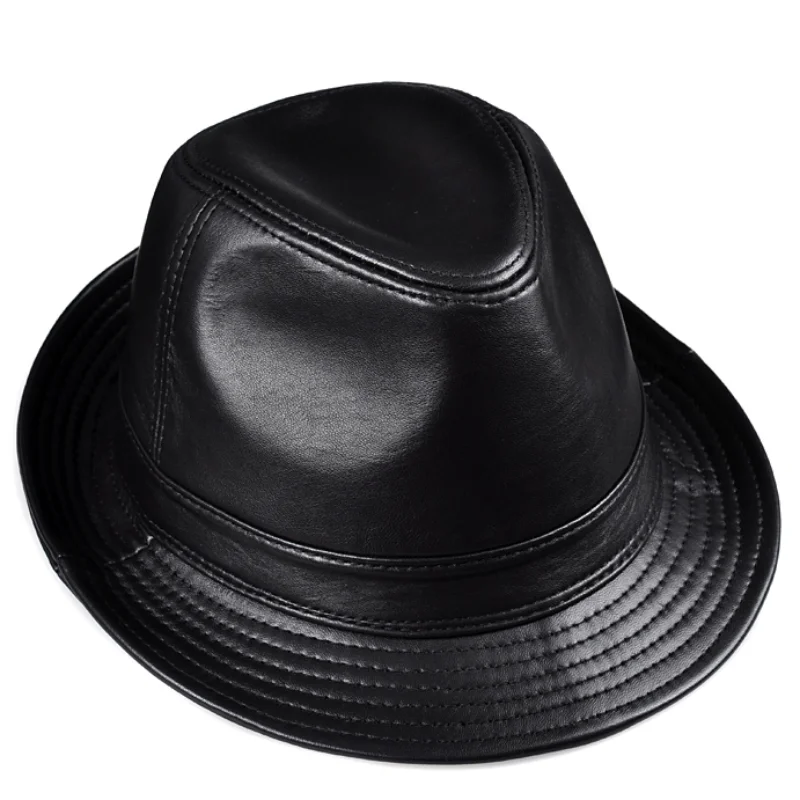 Man High Quality Genuine Leather Jazz Fedora Gentleman Cow Skin Short Brim Black/Brown Hip Pop Fitted Top Hat Male Shows Topper