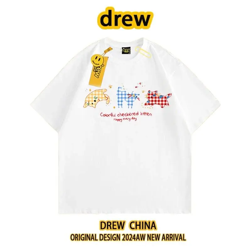 Drew House Cat Cartoon T Shirt Men Women Oversized Short Sleeve Crew Neck Unisex Couple Casual Streetwear Top
