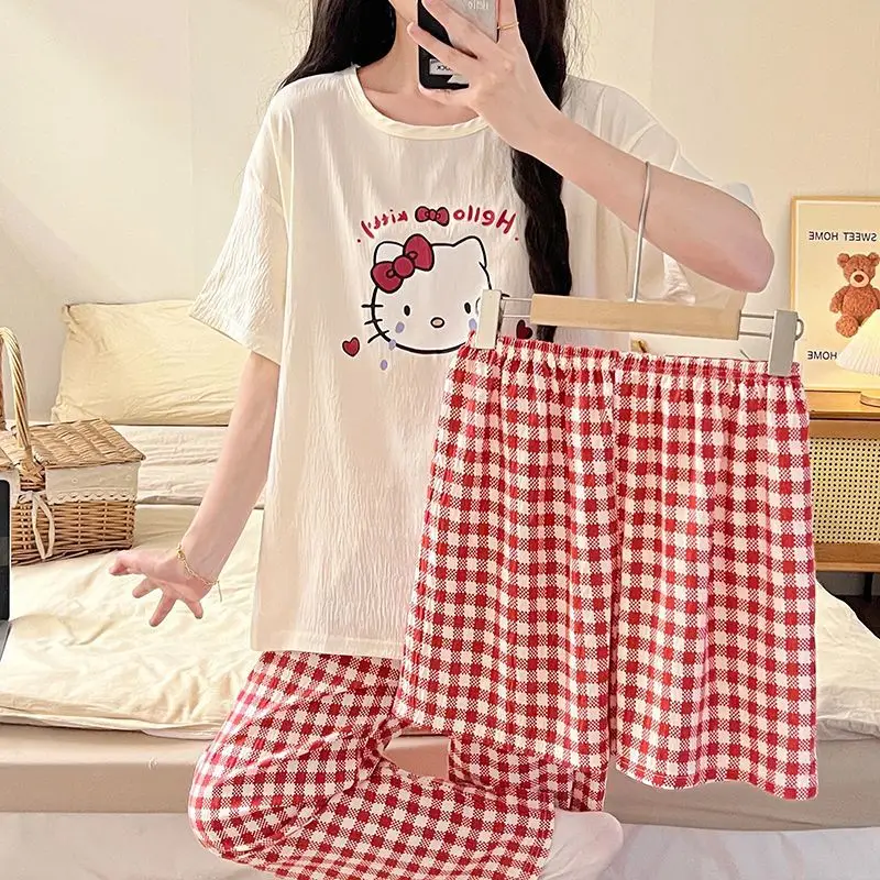 

Хлопковая пижама Sanrio Hello Kitty, комплект из 3 предметов, летняя одежда для сна, шорты, пижама с короткими рукавами, студенческая ночная рубашка, женский домашний костюм