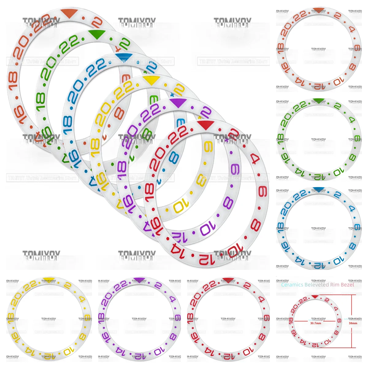 

38mmx30.7mm Red Blue Green 2-22 Multicolor Text Ceramics Bezel Insert Fit For GMT Men's Mechanical Watch