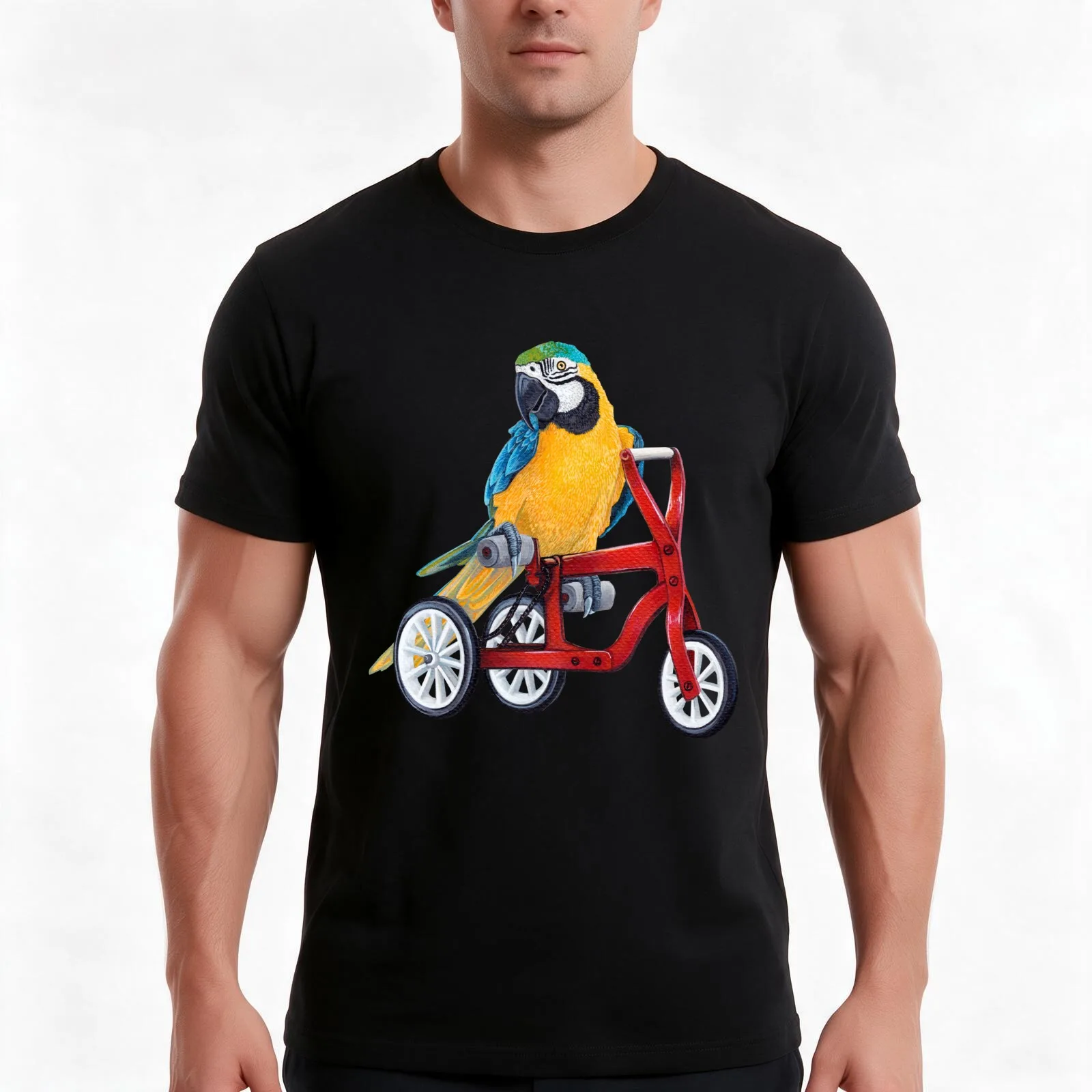Parrot Macaw bike red T-Shirt, Summer Casual Cotton Tee, Oversized Streetwear Tops, Vintage Graphic Print, Unisex Men Women
