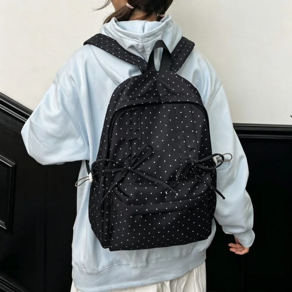 Cute Sweet Polka Dot Backpack Bow Design Large Capacity Minimalist Rucksack Lightweight Durable Student School Bag Gift