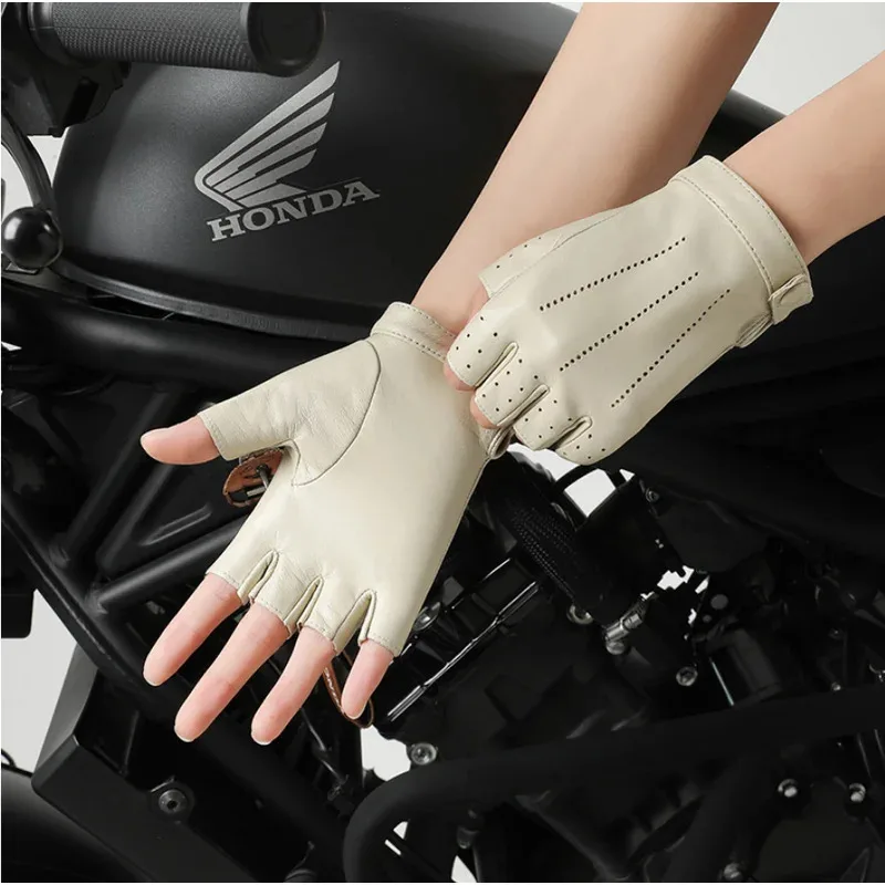 ربيع المرأة نصف اصبع قفازات جلد الغنم الحقيقي في الهواء الطلق ركوب الدراجات القيادة دراجة نارية رقيقة قفازات أصابع القفازات