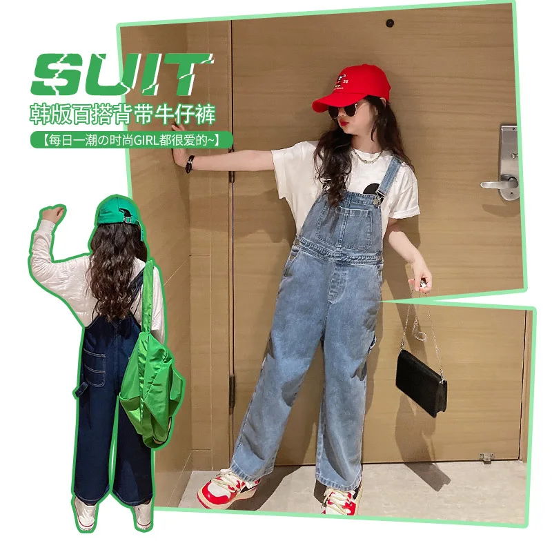 Spring Summer Girls Denim Bib Pants Infant Jumpsuit Lovely Overalls For Children Suspenders Jeans for Teenage Kids 4 to 16 Years