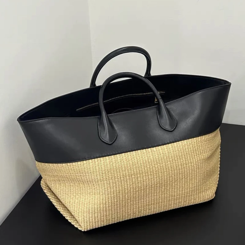 Luxury Knit Straw Tote Bag Summer Women Large Capacity Beach Vacation Handbag Stitch Contrast Color Woven Leather Shoulder Bag