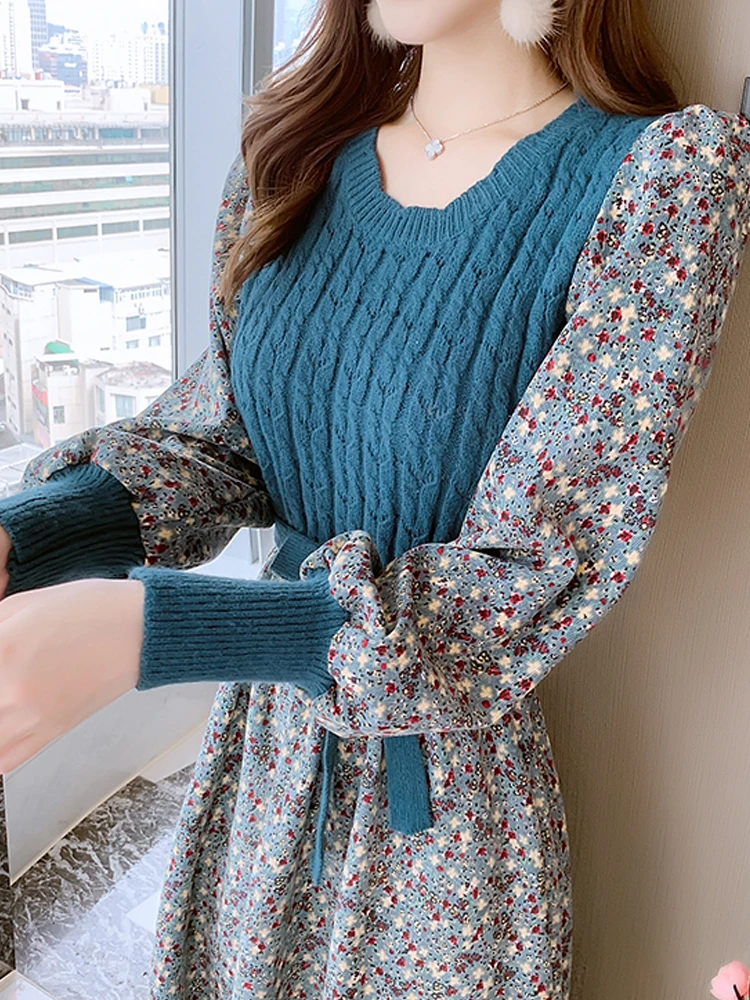 

Elegant Corduroy Floral Women Dresses Vintage Knitted Patchwork Vestidos 2022 Sweet Korean Print Long Dress A-Line AutumnWinter