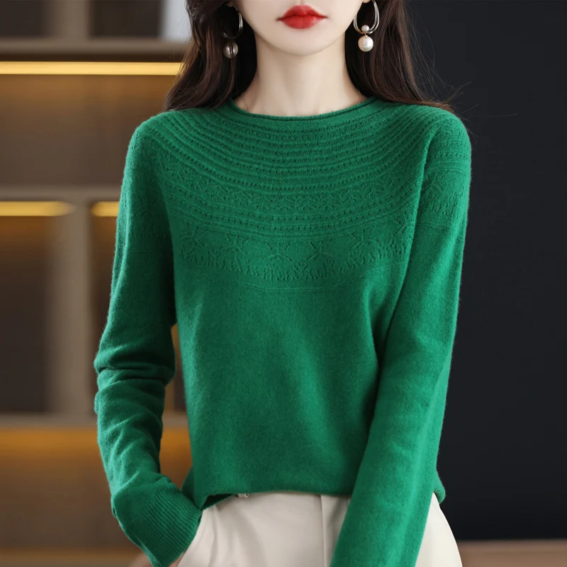 Fall/Winter New 100% Merino Pure Wool Round Collar Loose Women\'s Hollow Sweater with Full Knitting Base