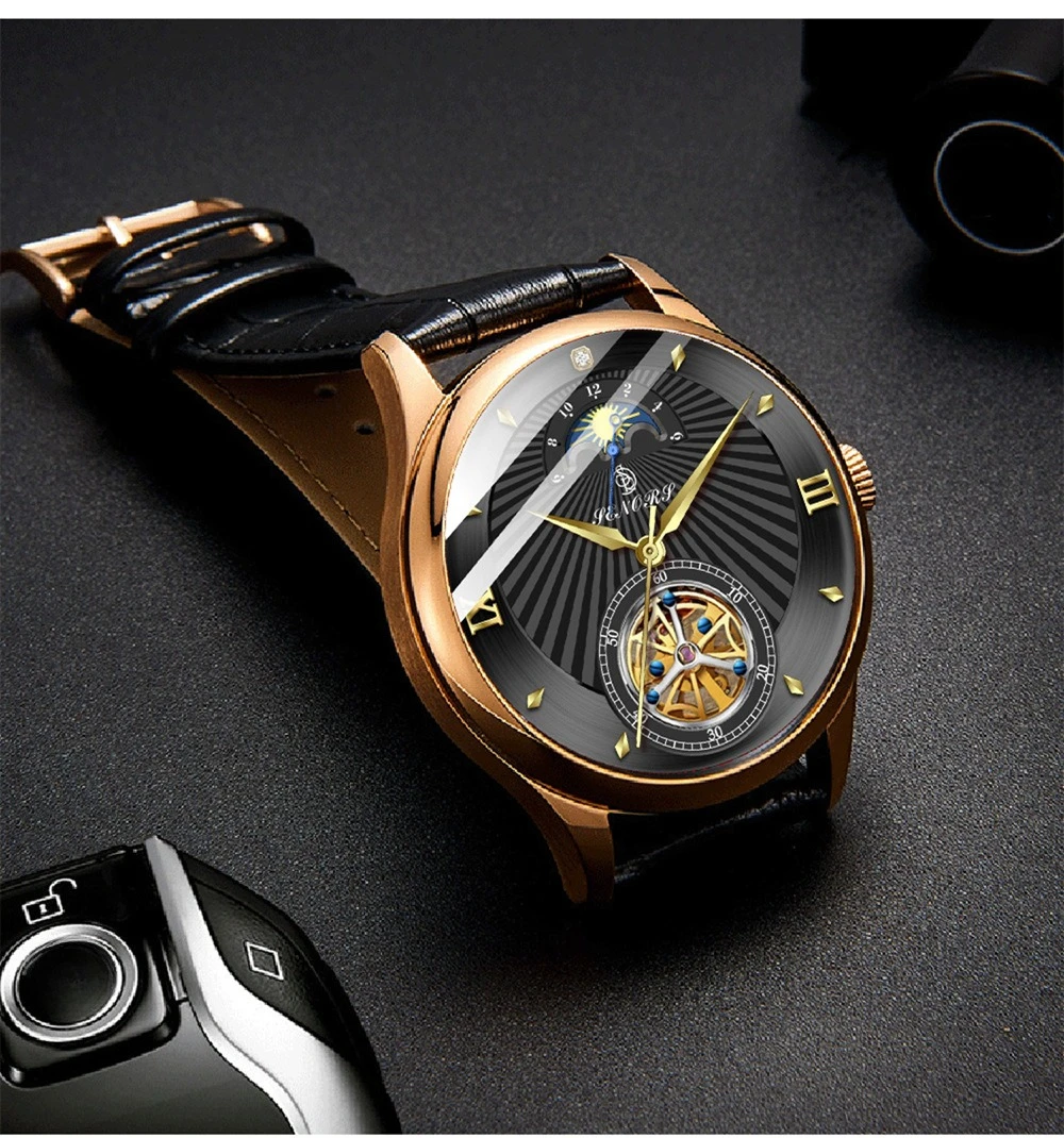 SENORS Sun, Moon, Stars Automatic Mechanical Watch Tourbillon Waterproof Leather Strap Men's Wristwatch SN169