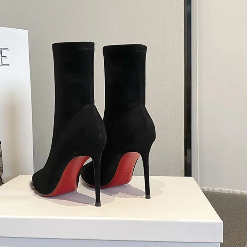 Women's Stretch Stocking Boots Pointed Toe Ankle Boot Stiletto Heels Autumn Winter Nude Red Sole Single Slim Fit Botas Suede New view 4