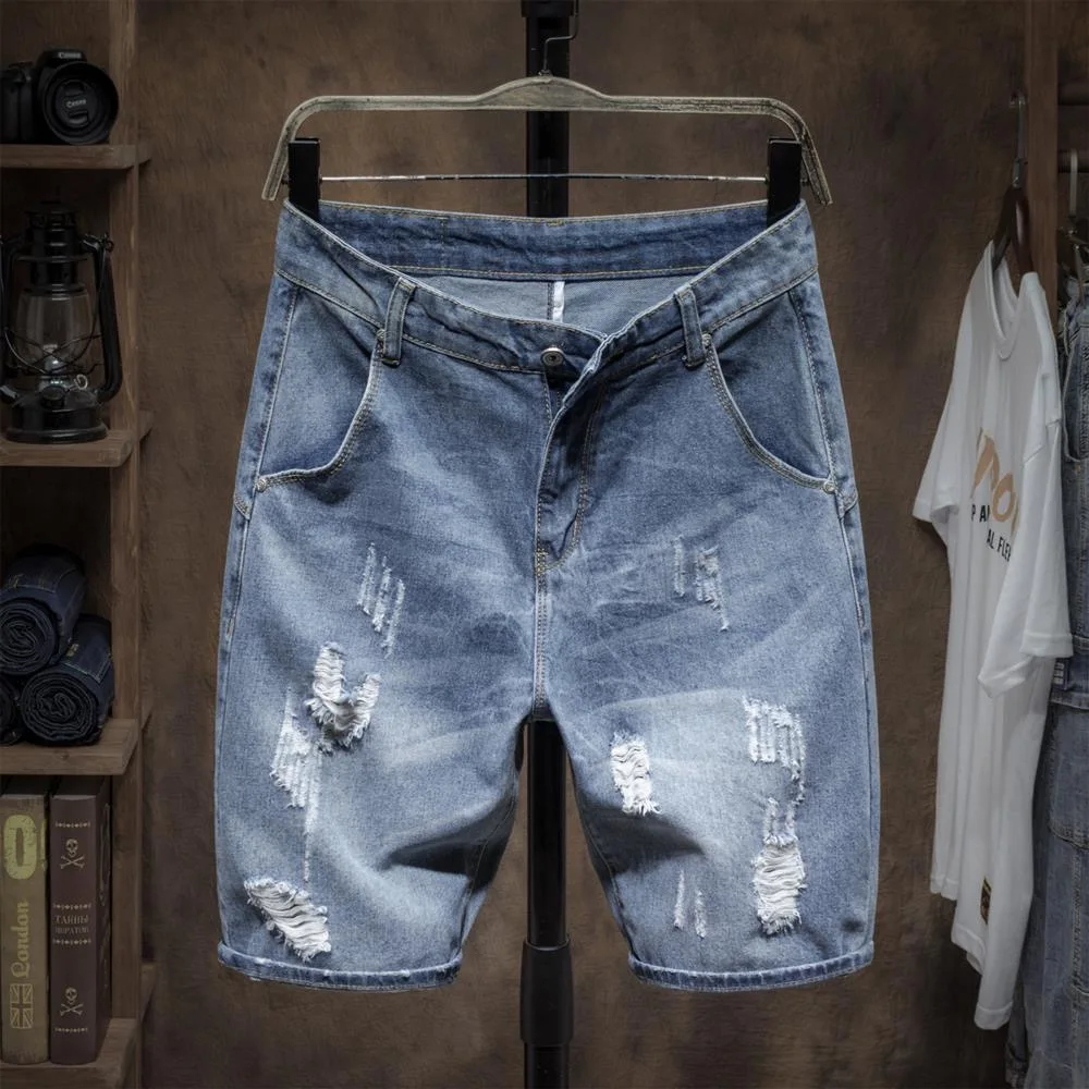 

Summer New Fashion Trend Solid Color Straight Tube Retro Elastic Denim Shorts For Men's Casual Loose Sports Plus Size Jeans