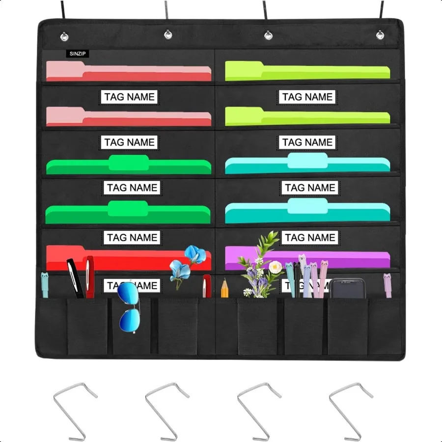 

Heavy Duty 10 Pocket Door Hanging File Organizer with Name Tag Holders Black Wall Storage Pocket Charts with 4 Hangers Great fo