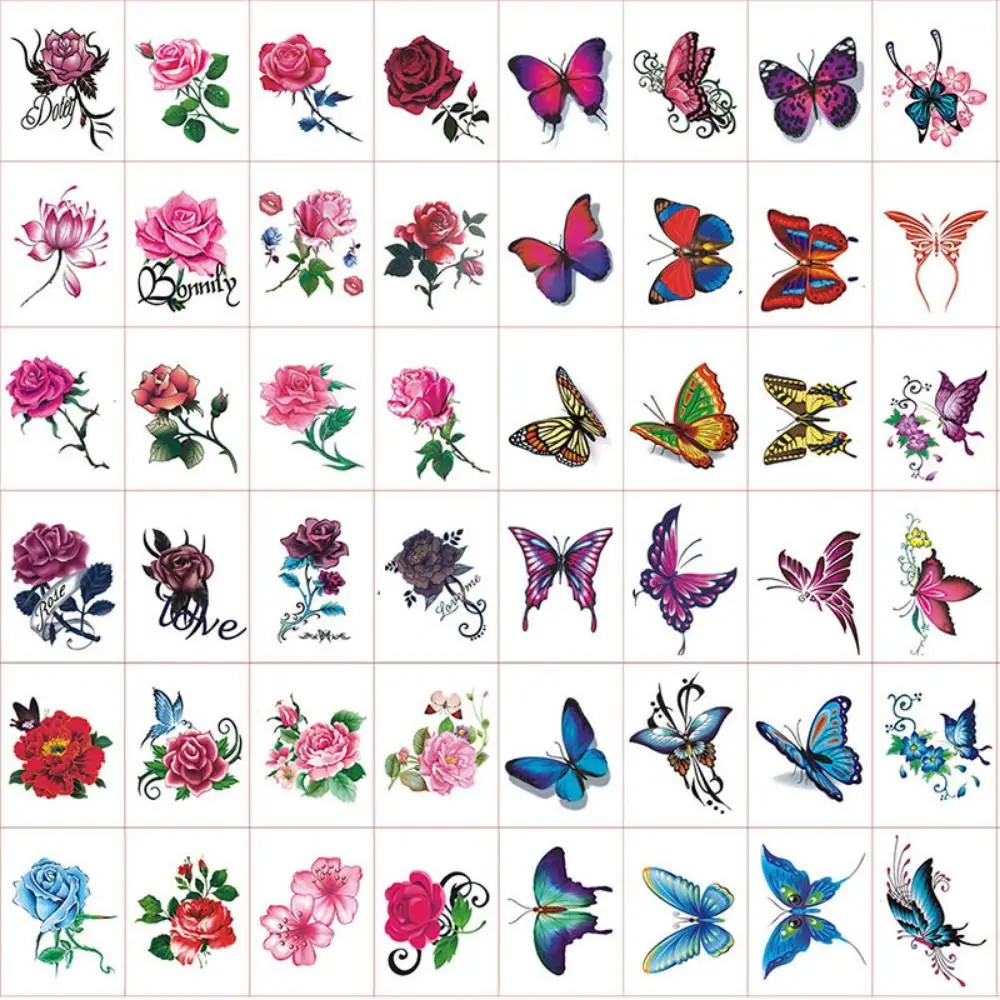 

5/10/20/30/50 pcs Rose/ Butterfly Pattern Temporary Tattoo Stickers Waterproof 3D Texture Butterfly Tattoo Stickers Colorful