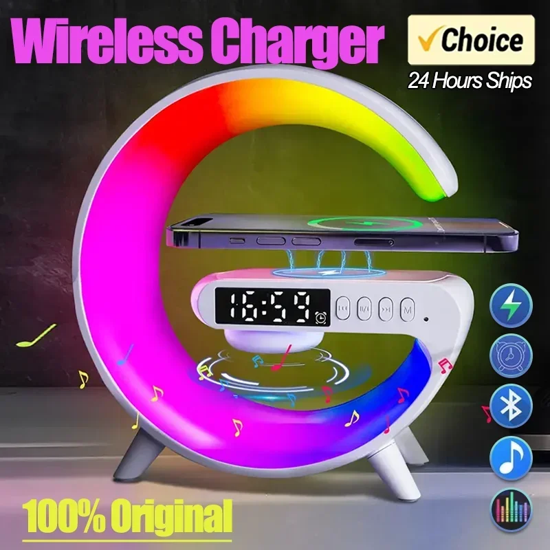 Original Wireless Charger Alarm Clock Speaker RGB Light Multifunction Fast charging Stand Dock For iPhone Samsung Xiaomi Huawei