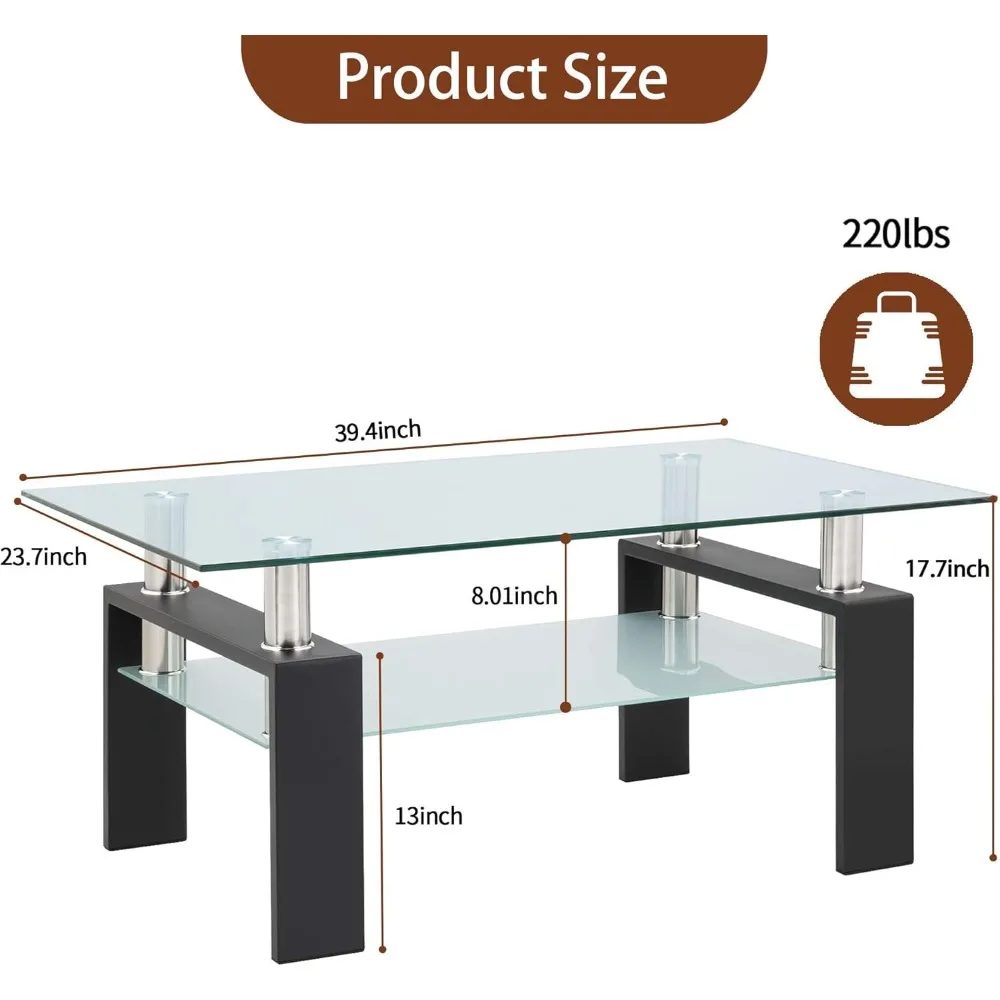 Mesa de centro moderna de vidrio rectangular de 2 niveles: centro de mesa de salón con funcionalidad de mesa de té