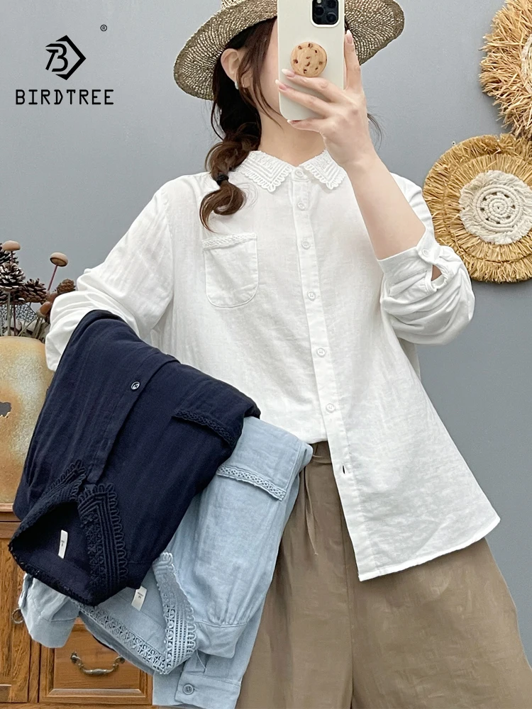 

New 2026 Spring Women Cotton Long Sleeve Shirt, Lace Turn-down Collar, Mori Girl French Breathable Thin Loose Blouse T63958CC