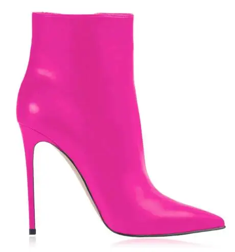 

Hot Pink Red Brown Solid Leather Classtic Stiletto Heel Short Boots Women Zipper Side Pointed Toe Thin High Heel Ankle Booties