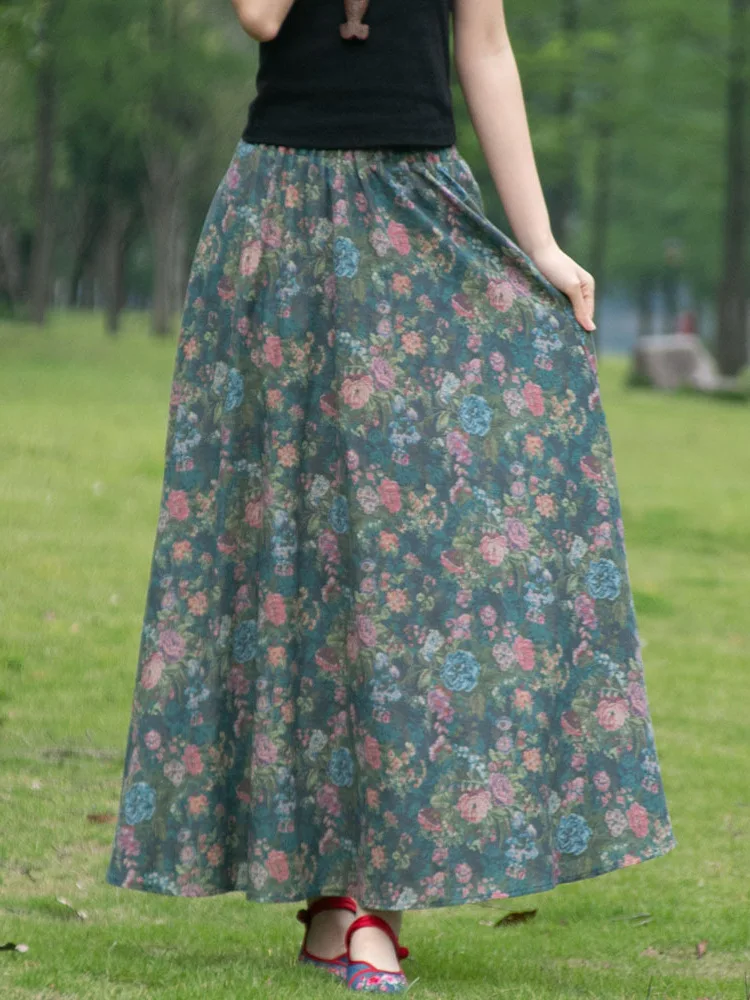 TIYIHAILEY Sommer Langer Maxi-Rock in A-Linie mit elastischer Taille für Damen, Baumwolle und Leinen, bedruckt mit Blumen, neue Mode für Damen mit Taschen