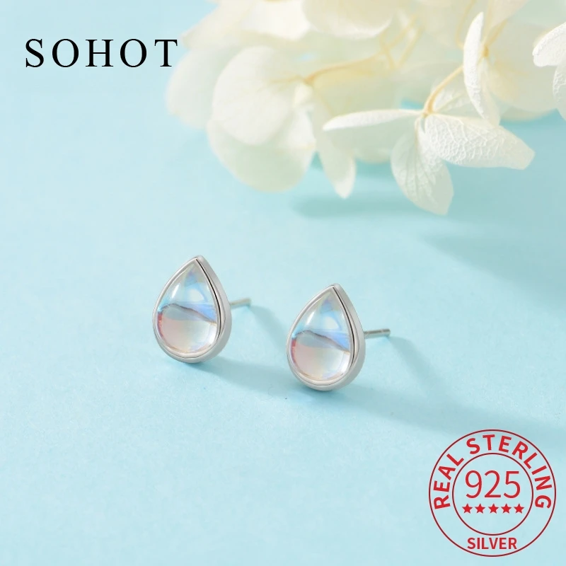 

Real 925 Sterling Silver Minimalist Moon stone Water Drop Stud Earrings for Charm Women Trendy Fine Jewelry Accessories