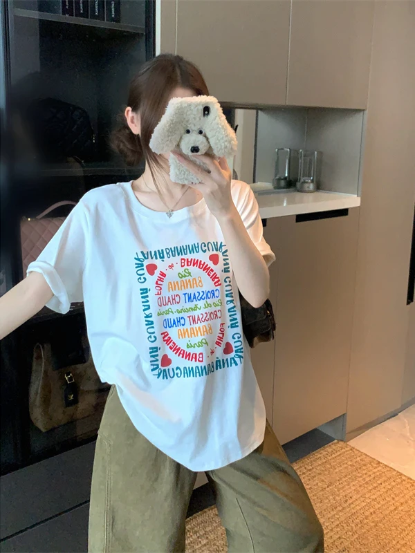 

Summer plus Size T-Shirt Letter Print Block Pattern Loose Short Sleeve Meat Concealing Slimming French Style Top