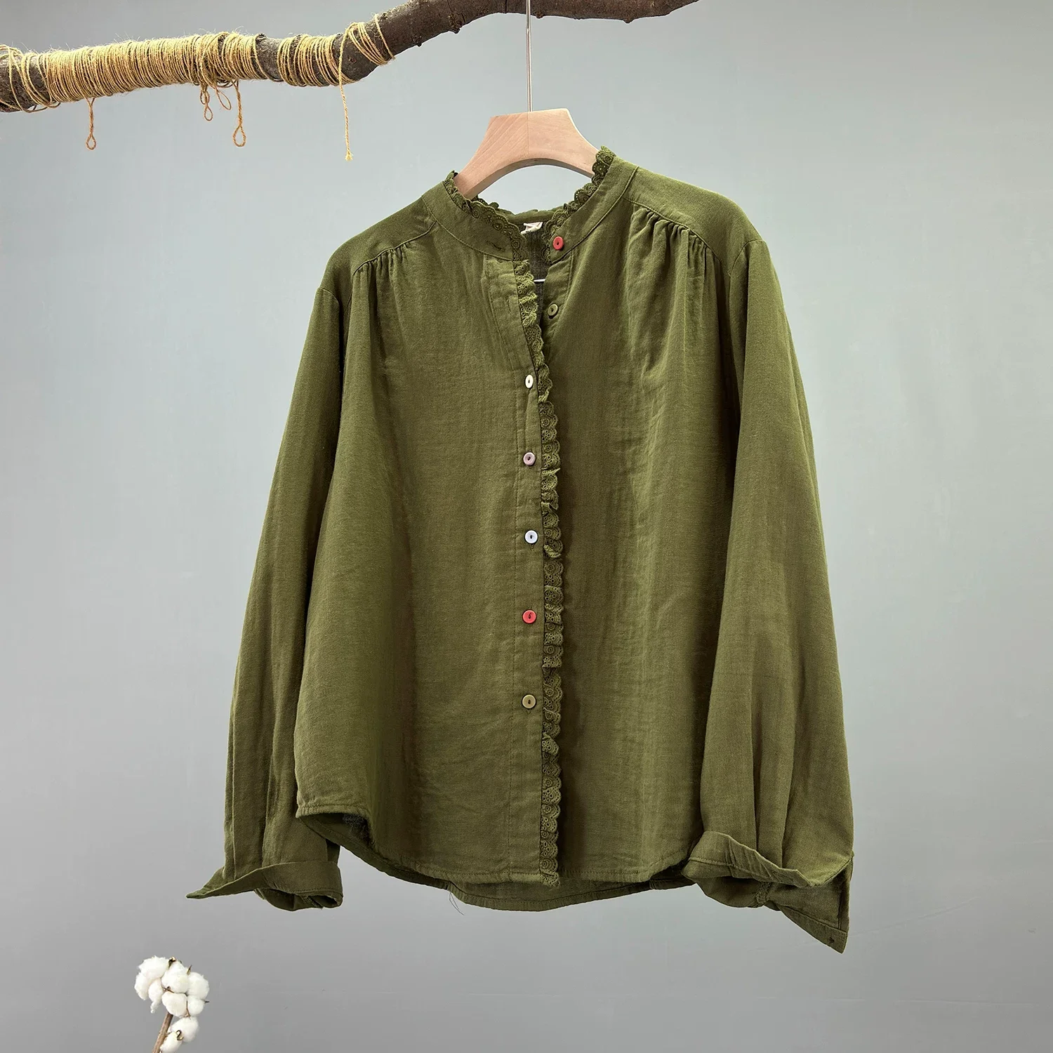2026 Spring Japanese clothing elegant 100% cotton yarn stand collar white pink gray green solid shirts and blouses ladies clothe