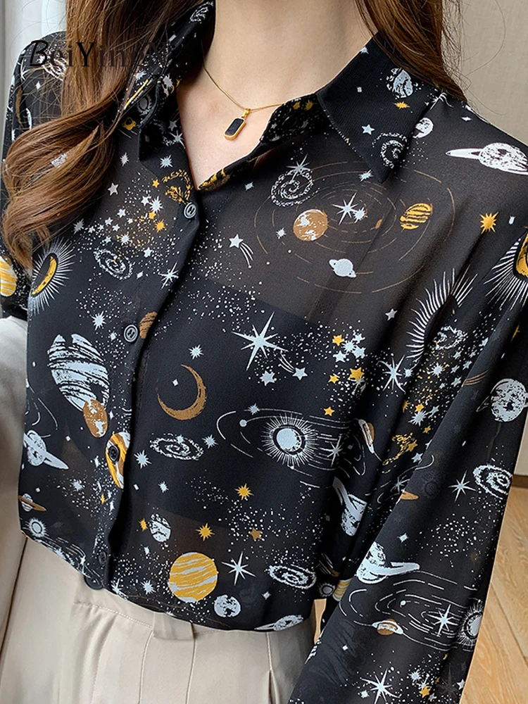 Beiyingni Starry Sky Perspective Chiffon Blusas Women Thin Spring Summer Loose Black Shirts Female Casual Elegant Chic Blouses