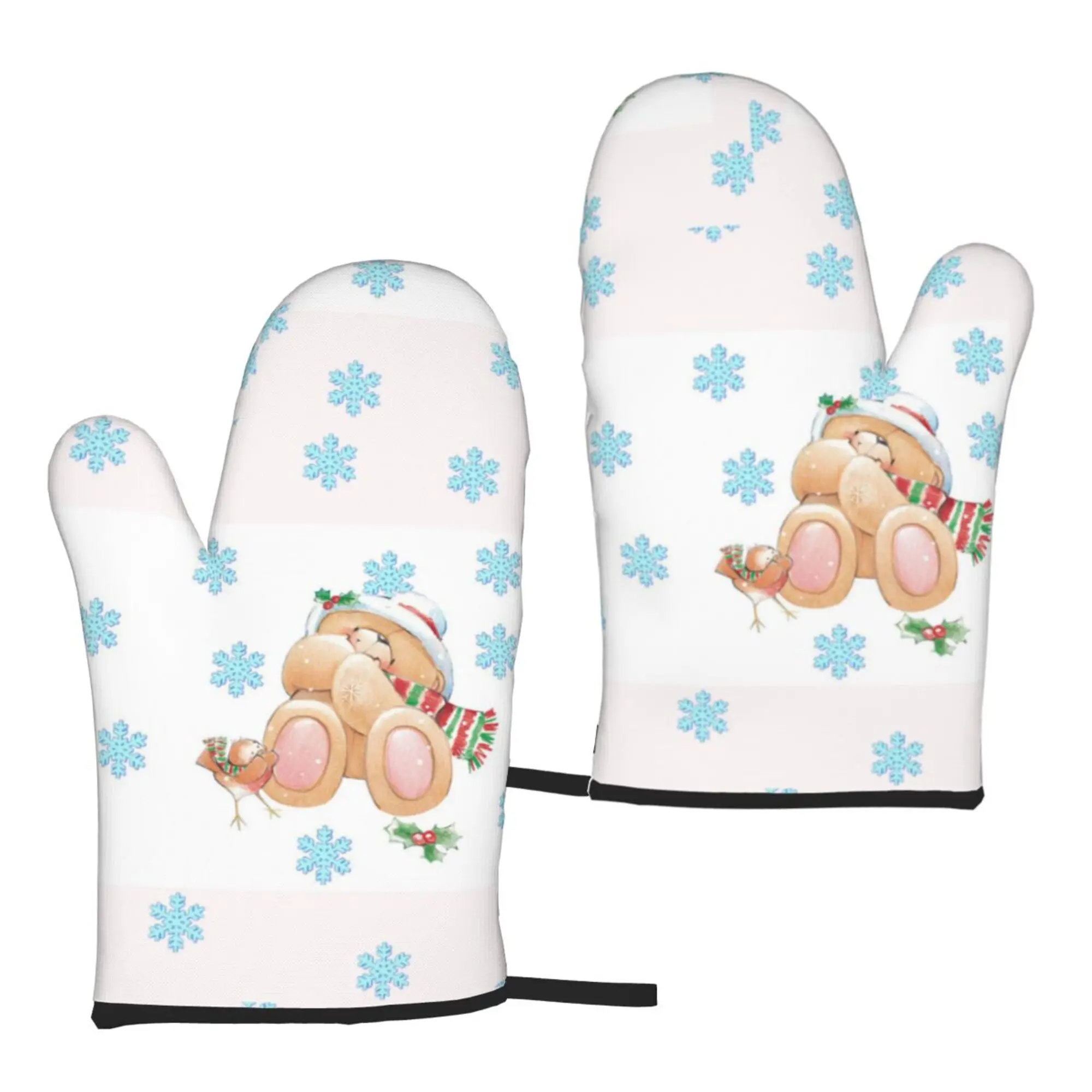 

Cute Bear Blue Snowflakes Christmas Oven Mitts Microwave Gloves Heat Resistant for Kitchen Cooking Baking Grilling Bbq Gloves