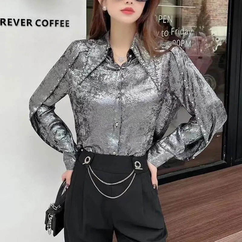 Imagem -02 - Blusa Feminina de Seda Brilhante Gola Virada para Baixo Roupa Feminina de Deslocamento Camisa de Diamantes Chique Emendada Moda Estilo Hong Kong Primavera e Outono