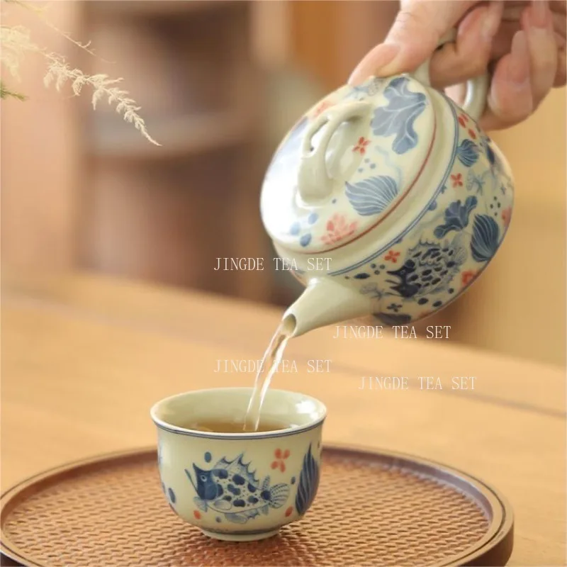 Antique Han Tile Teapot Blue and White Glazed Ceramic Household Tea Pot Chinese Lotus Pond Moonlight Teapot Underglaze Color