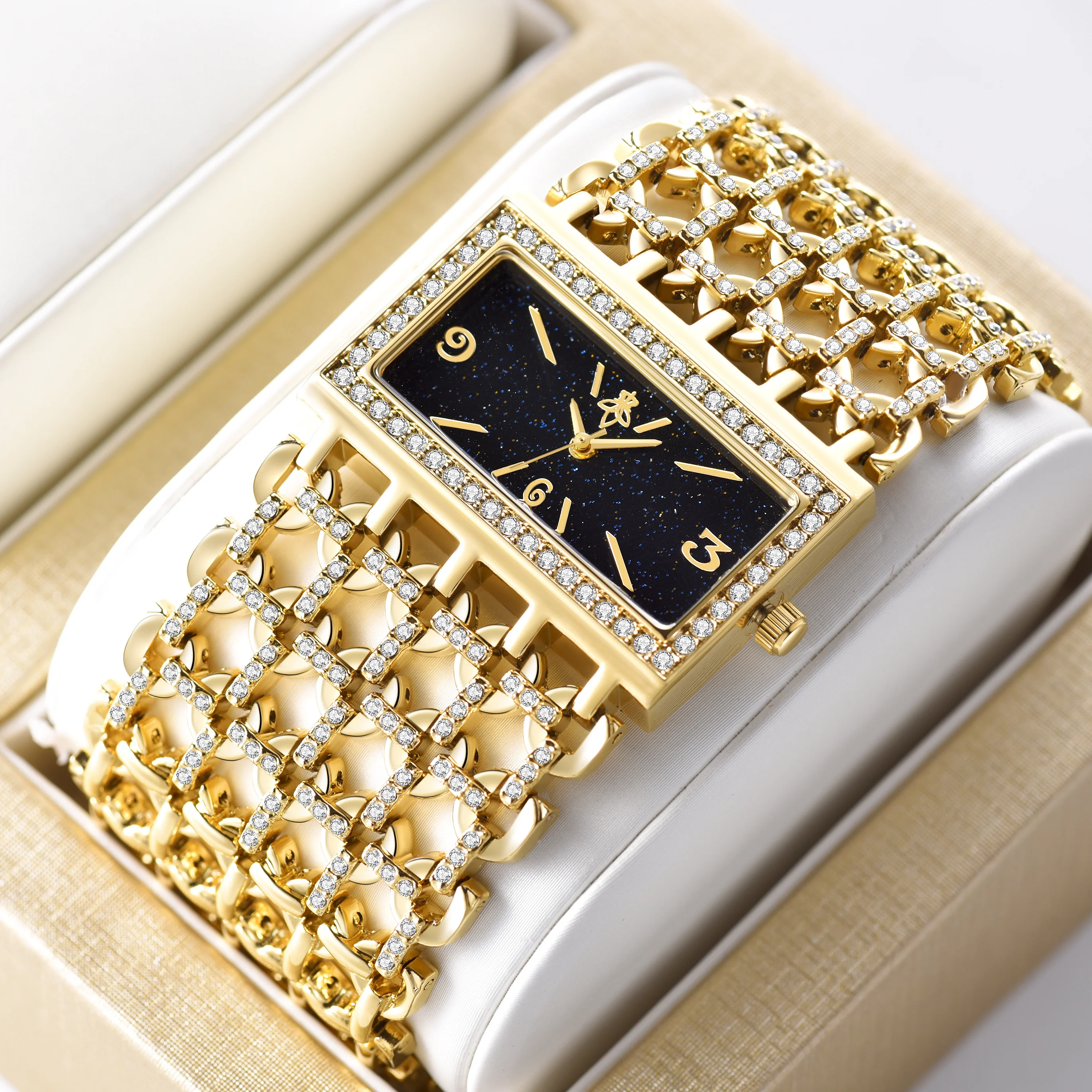 YaLaLuSi Bling Gold Rectangle Women Watch Full Rhinestone Bezel Starry Black Dial Multi Row Hollow Chain Band Fashion Ladies Quartz Wrist Watch  Gift