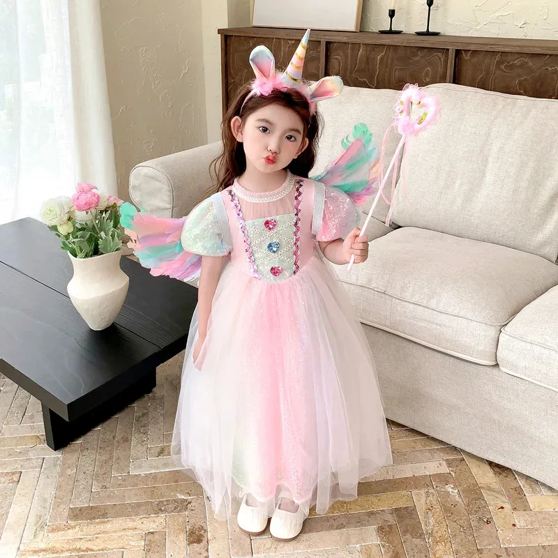 Vestido de unicornio para niñas, vestido de princesa rosa dulce y colorido con lentejuelas de arcoíris, vestido de cumpleaños para niños, ropa de princesa para chico