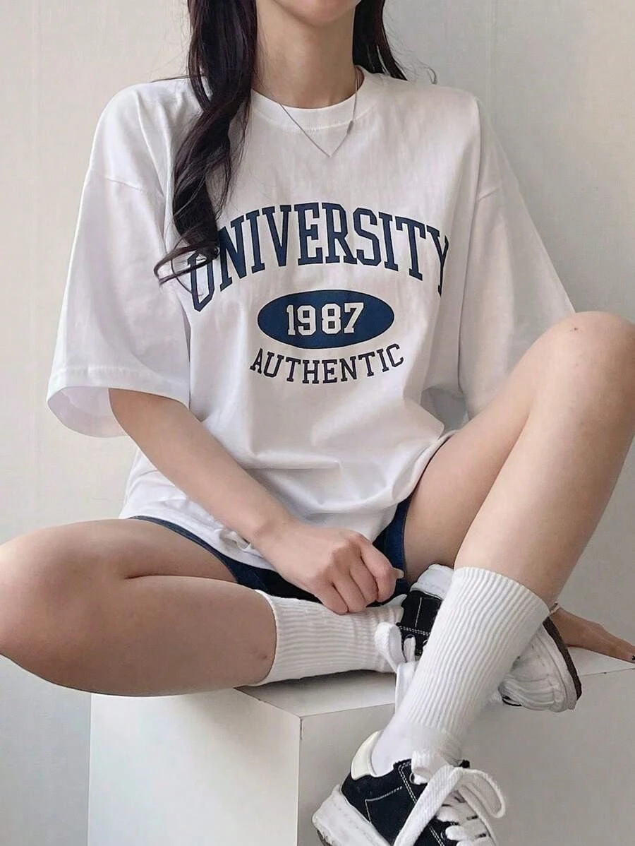 المرأة عادية فضفاض الكتف إلكتروني تي شيرت مطبوع حجم كبير تي شيرت ريترو 2026 الصيف Y2k نمط Harajuku الشارع نمط