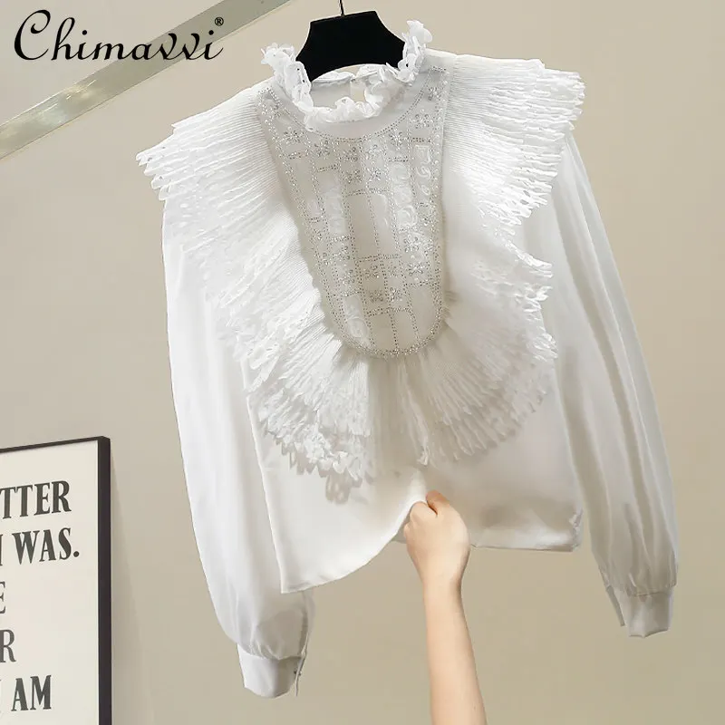 

Модная кружевная рубашка в тяжелом придворном стиле с вышивкой, женская элегантная блузка с длинным рукавом и рюшами в стиле пэчворк, французская элегантная блузка, топ весна-лето